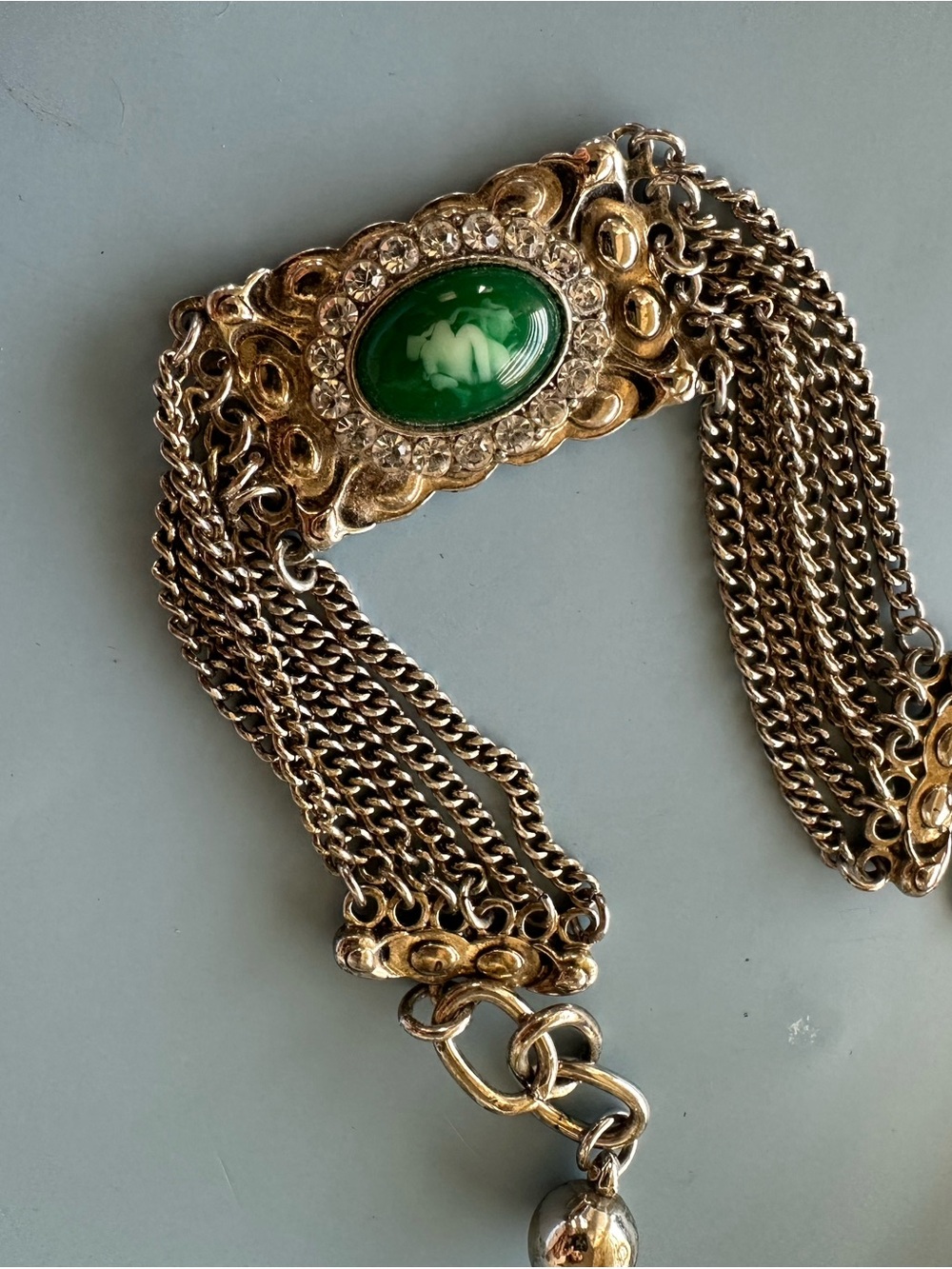 Gold-Tone Bracelet with Green Cabochon and Rhinestones
